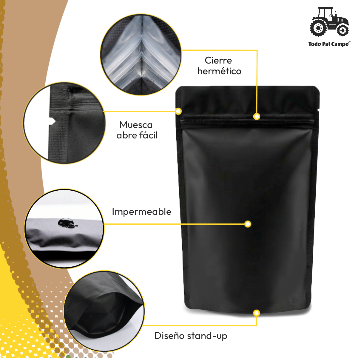 50 Bolsa Stand Up Pouch Zipper Negro Mate 250gr Alta Barrera
