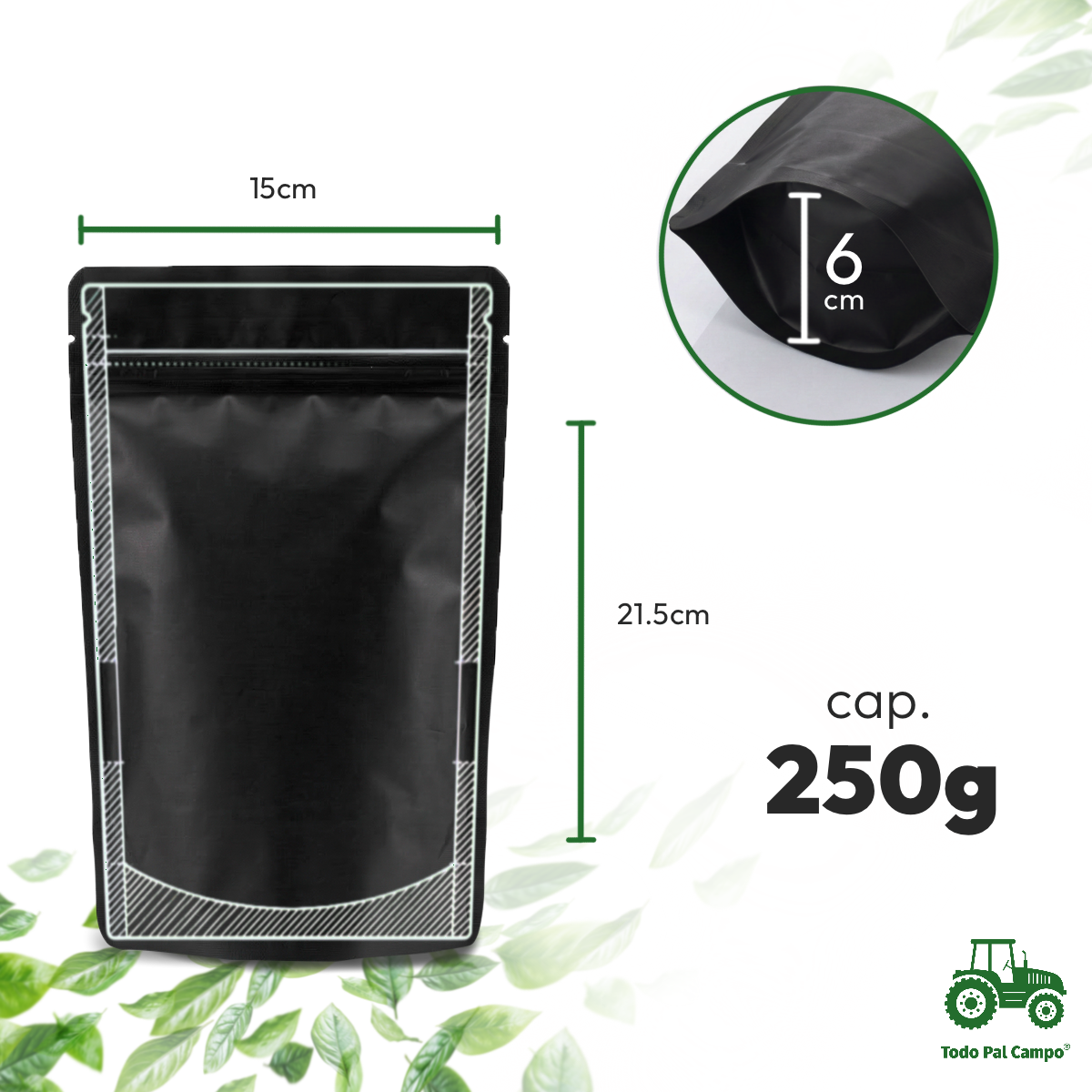 50 Bolsa Stand Up Pouch Zipper Negro Mate 250gr Alta Barrera